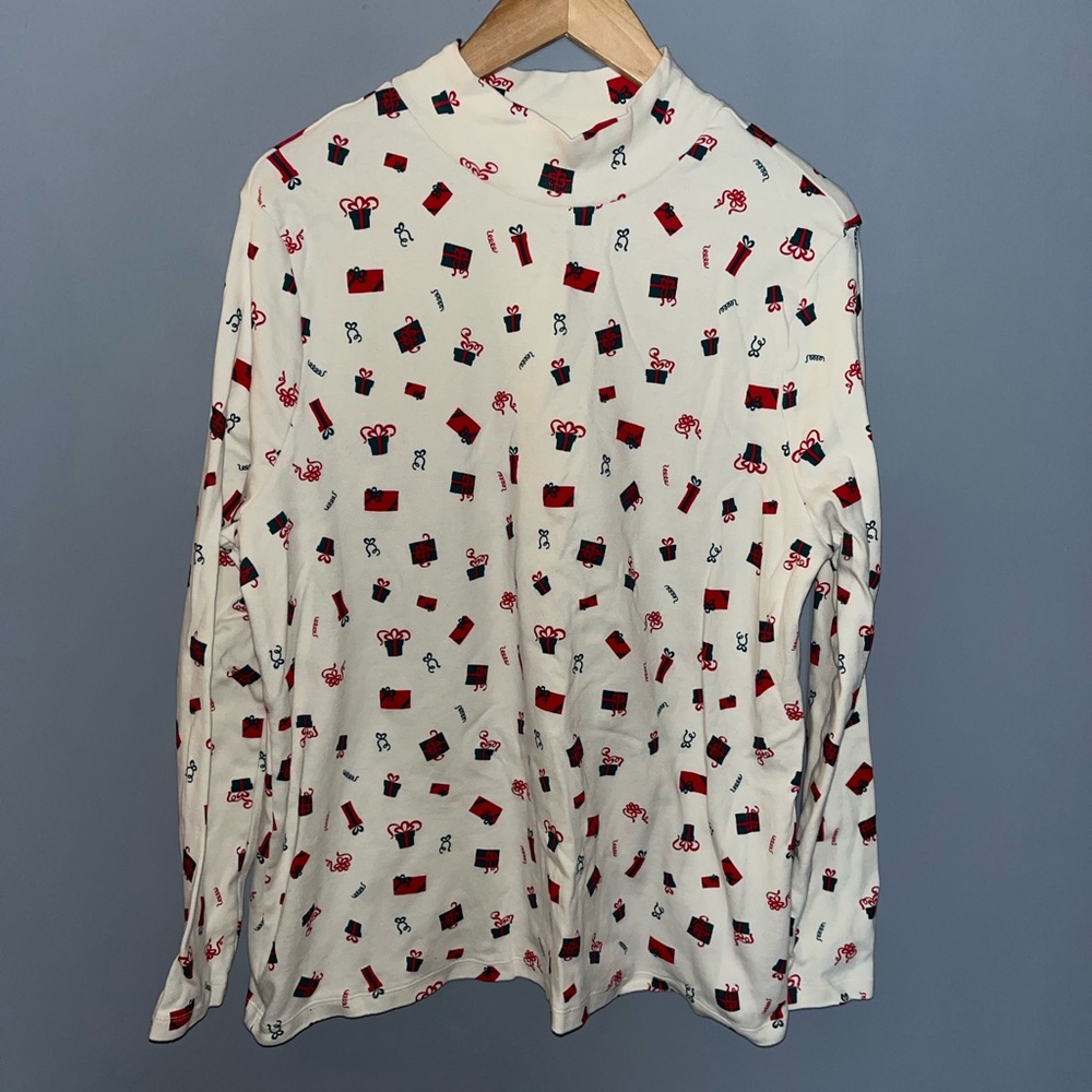 White Stag Womens XXXL Christmas Gift Print Mock Neck Long Sleeve Cotton Top